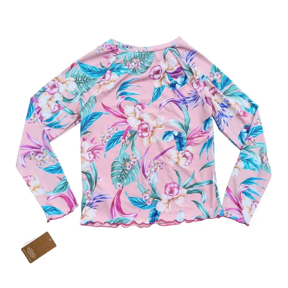 Hobie Teen Girl's Pink Tropical Swim Long Sleeve Rashguard Top Kids Size 16